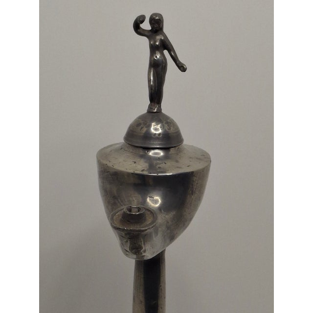 Victorian Lot of 2 - 19th C Pewter Whale Oil Fat Lamps W/ Figurine, Wick Pick, European For Sale - Image 3 of 18