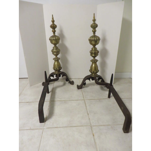 Early 20th Century Antique Brass & Iron Andirons - a Pair With Iron Dogs For Sale - Image 5 of 11