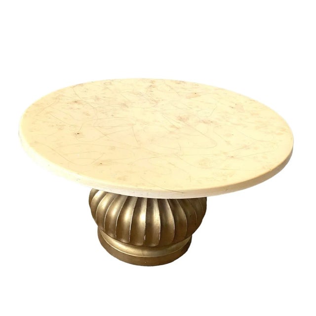 Hollywood Regency 1950s Gold Pedestal Cocktail Coffee Table Iridescent Swirl Top Beautiful and whimsical detail on this...