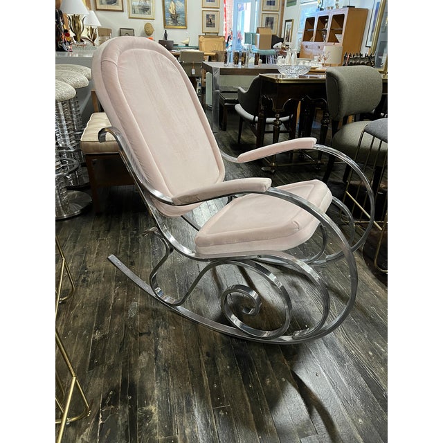 1970's Modernist Chrome Maison Jansen Style Hollywood Regency Rocking Chair With Pink Upholstery For Sale - Image 10 of 11