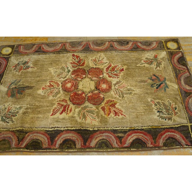 1900s Brown Floral Antique Fan Arc Border American Folk Art Hooked Small Rug For Sale In New York - Image 6 of 15