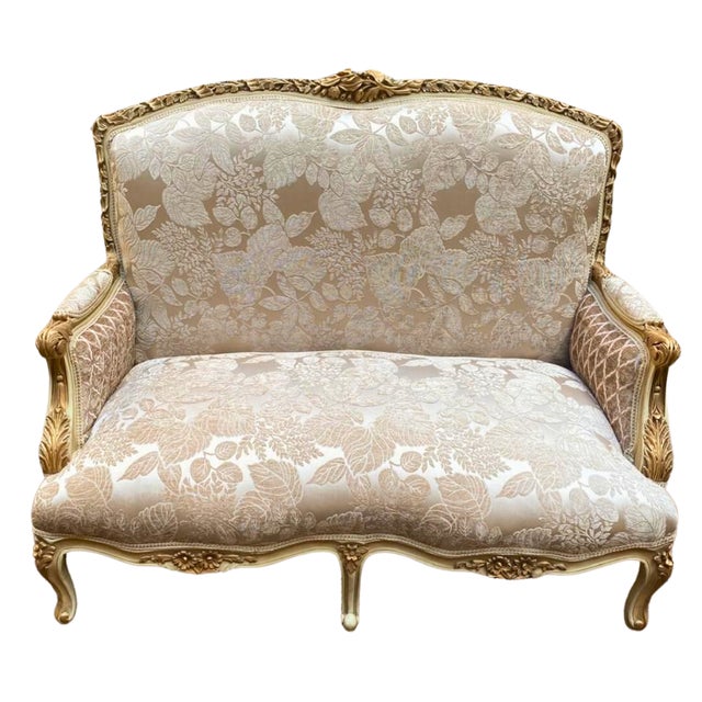 Baroque Baroque Style Beige Sofa With 2 Pillows and Gold Leaf Details For Sale - Image 3 of 8