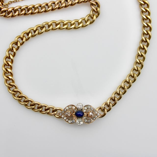 Late 19th Century Victorian 14k Gold Curb Link Diamond and Sapphire Necklace For Sale - Image 4 of 12