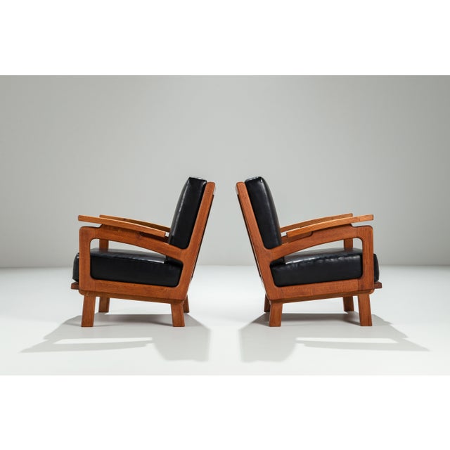 Black Belgian Lounge Chairs in Oak with Leather Cushions, 1960s, Set of 2 For Sale - Image 8 of 17