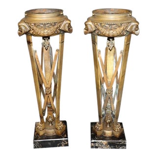 Pair 19th C Bronze and Potoro Marble Empire Style Urns For Sale