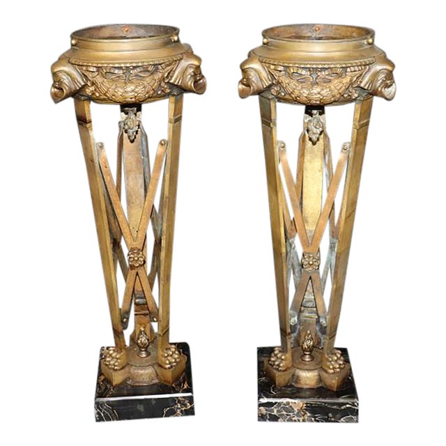 Pair 19th C Bronze and Potoro Marble Empire Style Urns For Sale