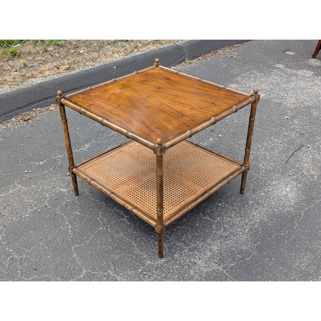 Brown Baker Furniture Mid 20th Century Two-Tier Caned Faux Bamboo End Table For Sale - Image 8 of 11
