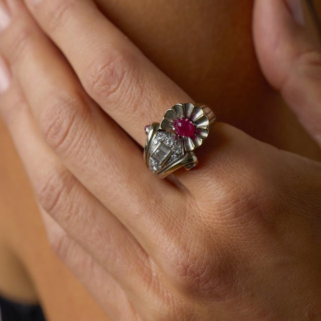 Mid 20th Century Mid 20th Century Retro Ruby Diamond 18k White Gold Cocktail Ring, Size 6.5 For Sale - Image 5 of 6