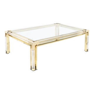 Mid-Century Rectilinear Brass & Lucite Glass Top Cocktail Table by Maison Jansen For Sale