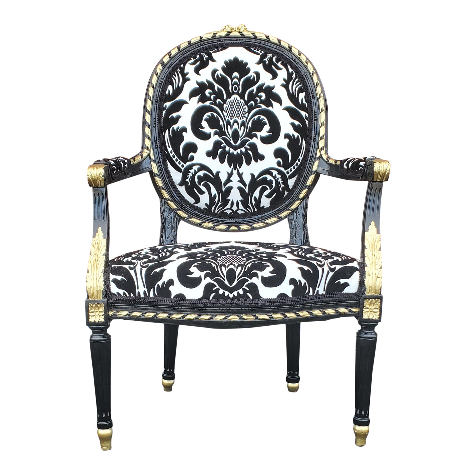 Antique French Baroque Black and Gold Leaf Damask White Velvet Chair
