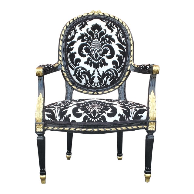 Antique French Baroque Black and Gold Leaf Damask White Velvet Chair