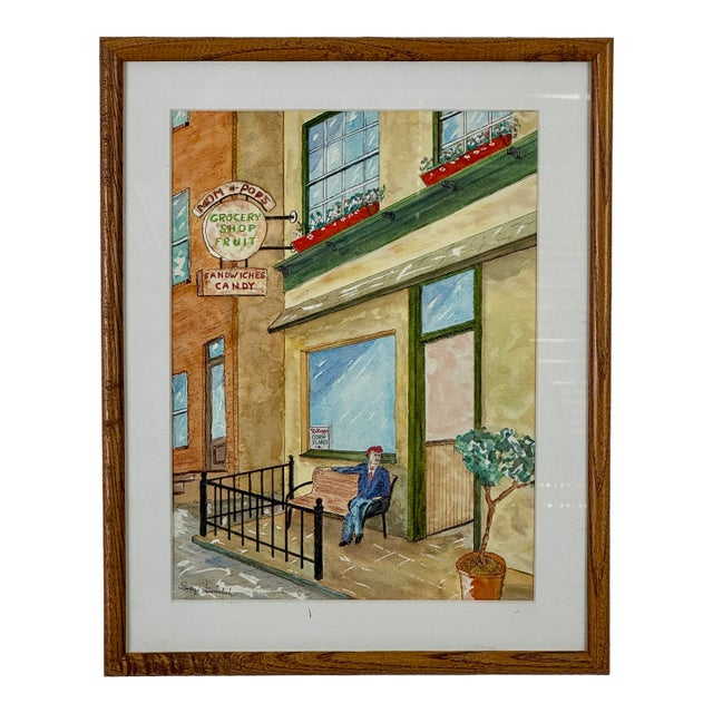 George Botich Lubotich Original Framed Watercolor Painting of Grocery Shop Street Scene For Sale