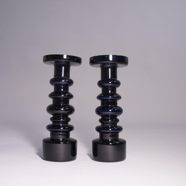 Pikku-Majakka Candleholders in Glass by Oiva Toikka for Nuttajärvi, Finland, 1960s, Set of 2, in Very Good conditions....