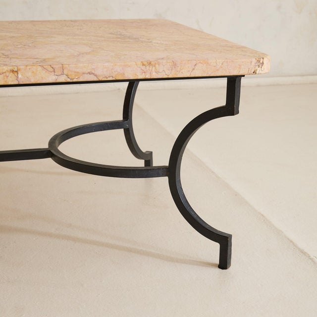 French Hand-Forged Wrought Iron + Ochre Marble Coffee Table, 1950s For Sale - Image 10 of 11