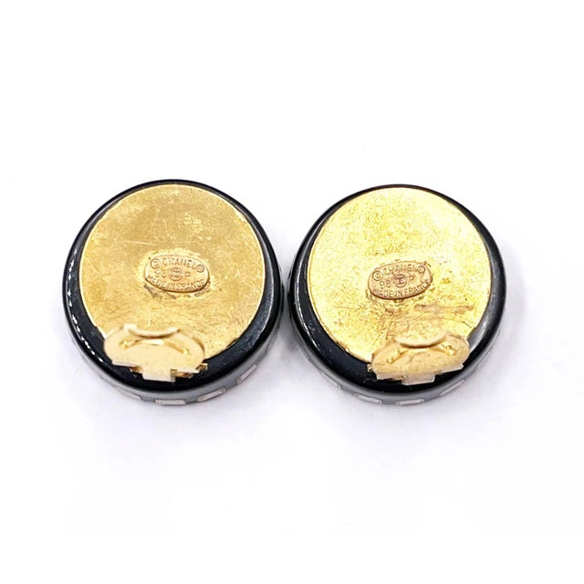Contemporary Chanel Vintage Gold Plated CC Mother of Pearl Crystal Rim Clip on Earrings - 2 Pieces For Sale - Image 3 of 3