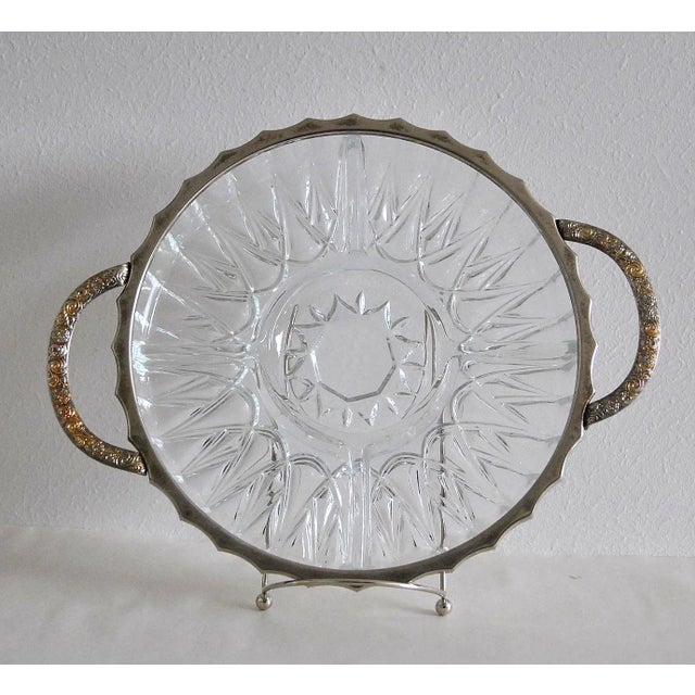 A 1940's Queen Anne Dutch Glass Silver Filigree Divided Relish Tray Serve ware, Five Compartment Round Tabletop...