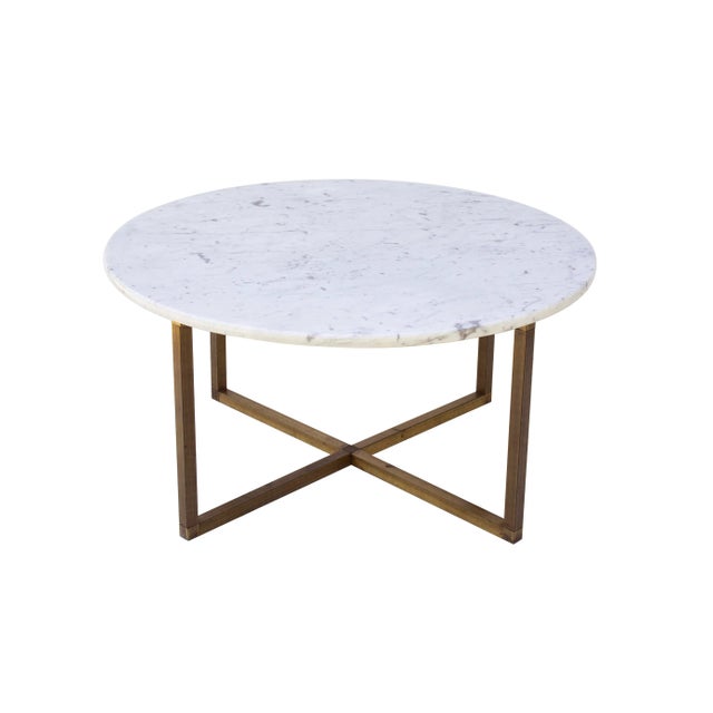 Round Brass Coffee Table With X Base and Italian Marble Top For Sale - Image 11 of 11