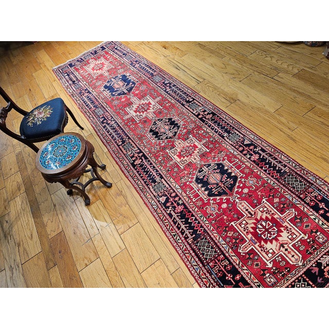 Antique Persian Heriz Karajeh Runner, Hand-Knotted Wool, Geometric Medallion Pattern, Red & Navy, 4x14 For Sale - Image 9 of 18