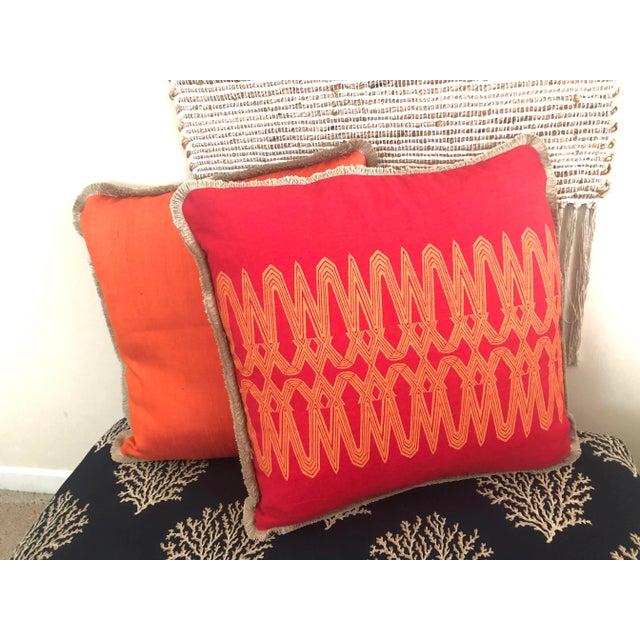 Hand-Printed Belgian Linen & Silk Pillow Covers With Cotton Brush Fringe- a Pair For Sale In Columbia, SC - Image 6 of 11