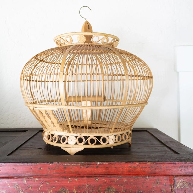 Asian Antique Indonesian Bamboo and Rattan Round Hanging Bird Cage For Sale - Image 3 of 12
