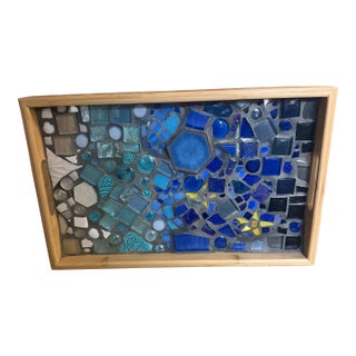 A Hand Decorated Mosaic Blue Serving Tray For Sale