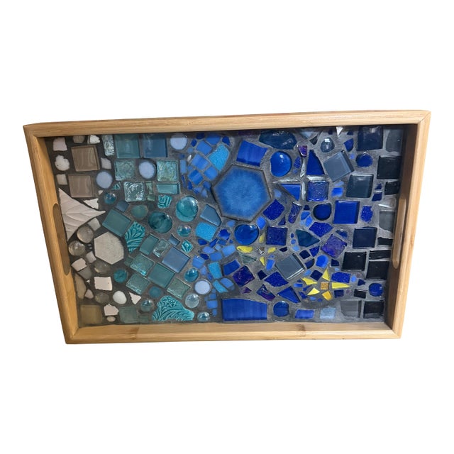 A Hand Decorated Mosaic Blue Serving Tray For Sale