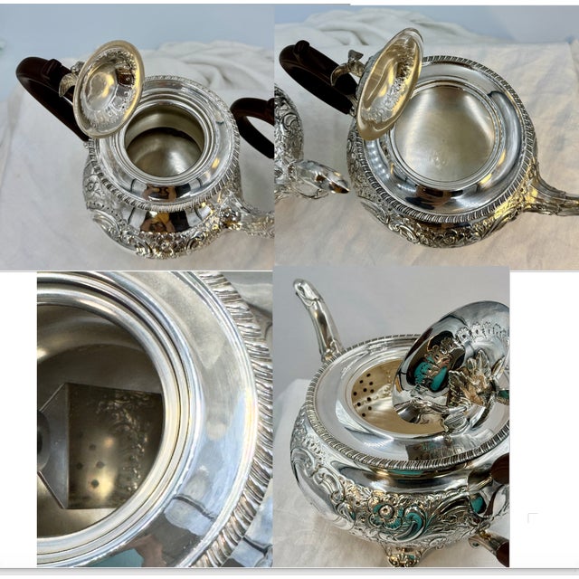 Robert & Belk, Sheffield, England Antique Art Nouveau Sterling Silver Coffee Pot, Tea Pot and Sugar & Creamer Set With Rare Repousse Ornamentation For Sale - Image 4 of 12