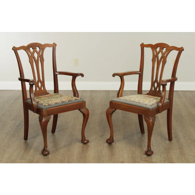 High Quality American Made Carved Solid Mahogany Pair Armchairs, Handcrafted Needlepoint Seats