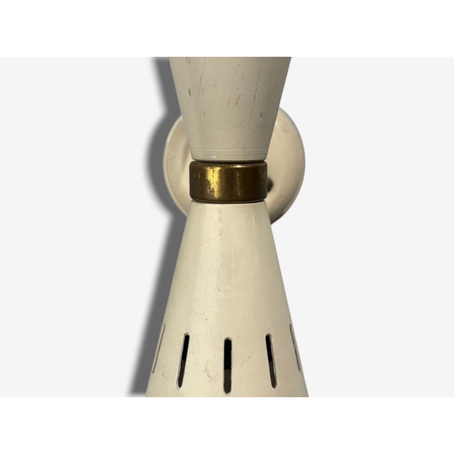 1960s Italian Modern, White Lacquered Metal, Brass, Wall Sconces, Italy - a Pair For Sale In New York - Image 6 of 8