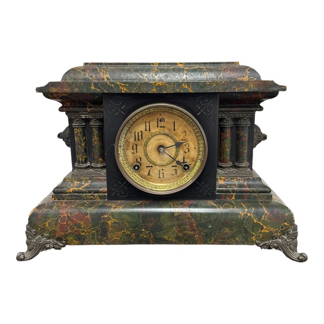 Welch Faux Green Marble Mantle Clock For Sale
