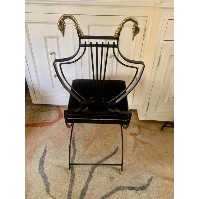 Mid-Century Modern Maison Jansen Brass Swan and Black Lyre Back Folding Chairs with Claw feet - Set of 6 For Sale - Image 3 of 13
