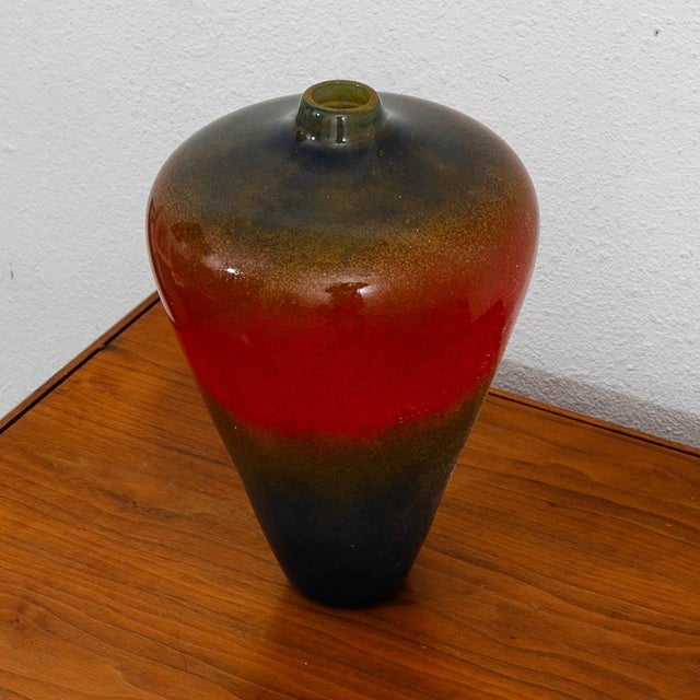 Mid Century Modern Studio Glass Vase Blue Red and Yellow 70s Handblown Flower Vase For Sale - Image 9 of 12