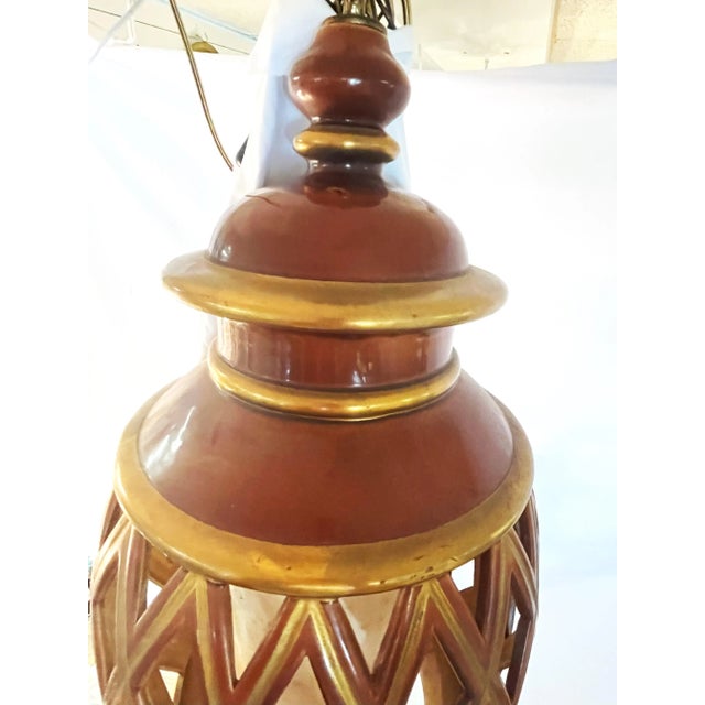 Mid Century Ceramic Electrified Lantern With Silk Inner Shade and Tassel Pull Cord For Sale - Image 9 of 12