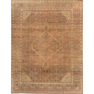 Antique Tabriz Handmade Medallion Designed Tan Persian Wool Rug For Sale