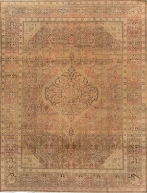 Antique Tabriz Handmade Medallion Designed Tan Persian Wool Rug