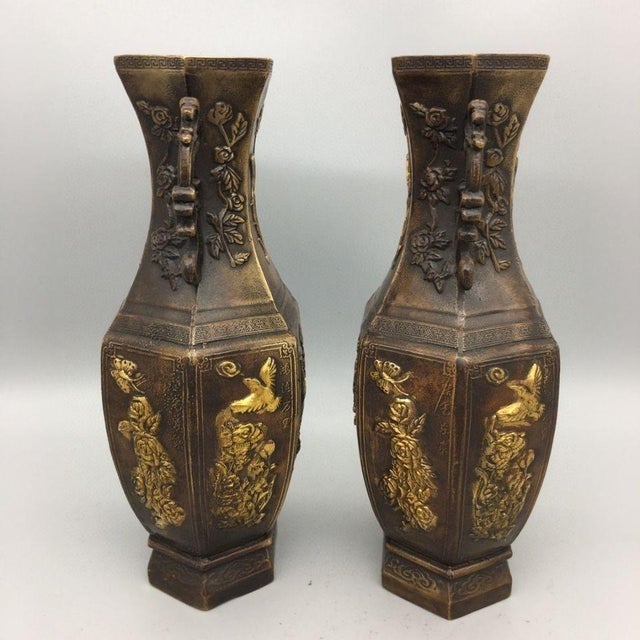 Pair of Chinese Gilt Bronze Hexagonal Vases With Phoenix & Peony Motif For Sale - Image 4 of 8