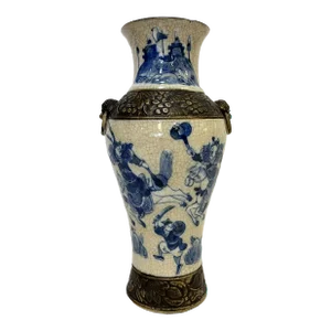 Early 20th Century Chinoiserie Hand Painted Blue and White Crackle Finish Porcelain Vase