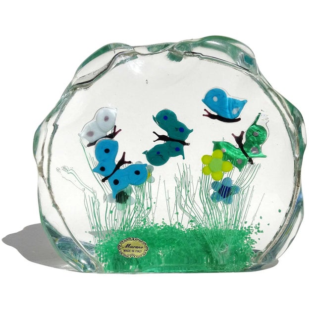 Murano Murano Flying Butterfly Colorful Wild Flower Garden Scene Vintage Italian Art Glass Block Sculpture For Sale - Image 4 of 10