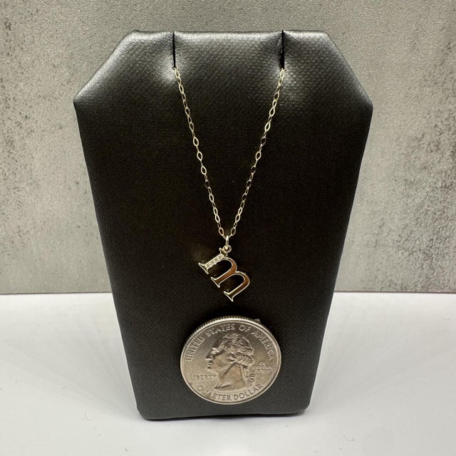 Diamond “M” Initial Necklace in 14kt Yellow Gold – 18in, New For Sale - Image 4 of 5