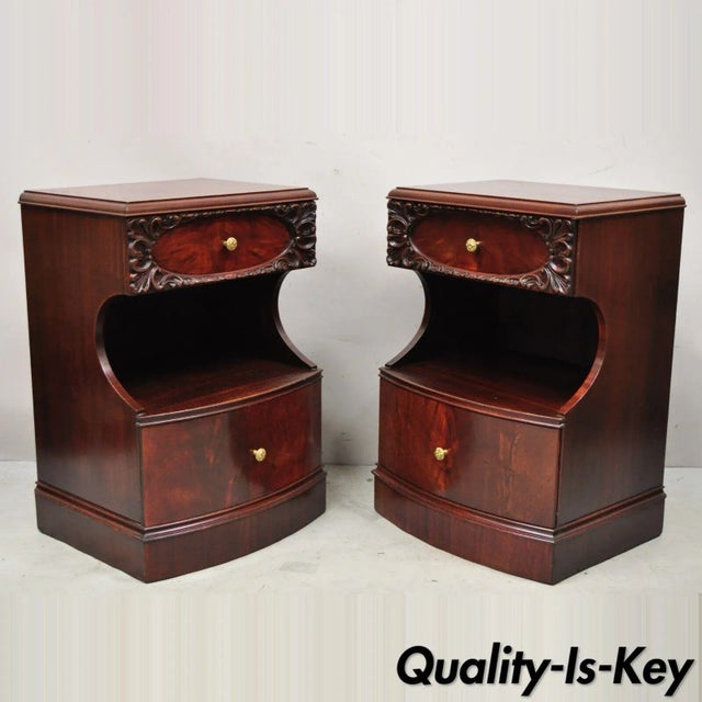Pair Vtg Chinese Chippendale Flame Mahogany 2 Drawer Nightstands Bedside Tables For Sale - Image 13 of 13