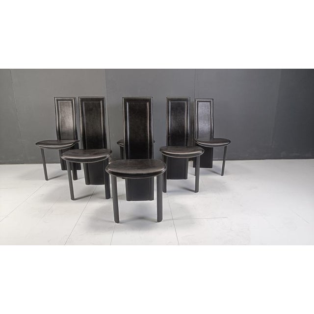 Vintage Black Leather High-Back Dining Chairs, 1980s, Set of 6 For Sale - Image 4 of 11