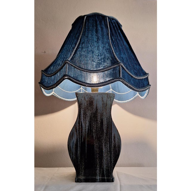 Large Vintage Blue-Grey Gradient Glazed Ceramic Table Lamp with Fabric Shade, 1970s For Sale - Image 3 of 9