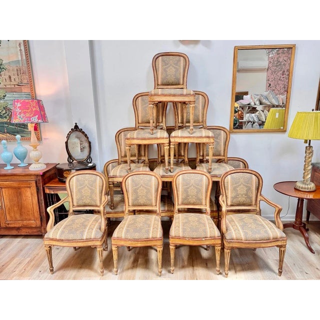 French Fourteen Italian Louis XVI Period Laccatura Dining Chairs, 18th C. For Sale - Image 3 of 11