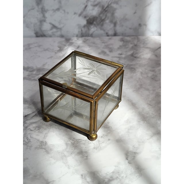 Vintage Glass and Brass Trinket Box Etched Floral For Sale - Image 11 of 12