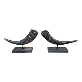 Pair of Vintage Faux Ram Horn Sculptures on Black Marble Bases For Sale