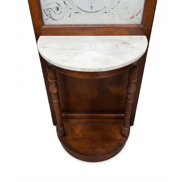 Victorian Vintage Victorian-Style Wood Hall Tree With Etched Mirror & Marble Shelf For Sale - Image 3 of 9