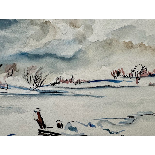 Rustic Henry Emil Salloch Original Watercolor on Paper Snowfield Under Heavy Skies. 1948. For Sale - Image 3 of 7