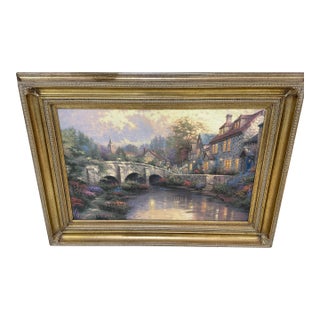 1980s Thomas Kinkade - Cobblestone Brooke S/P 34x 44 Canvas Framed For Sale