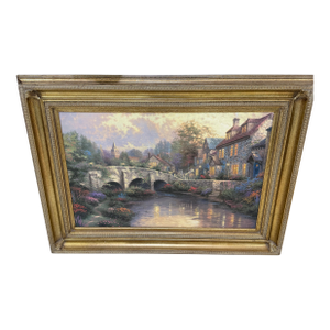 1980s Thomas Kinkade - Cobblestone Brooke S/P 34x 44 Canvas Framed