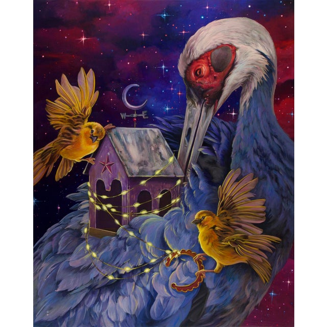 Contemporary Lighting The Way by Gigi Chen | Acrylic on Wood Panel Crane with a Bird and a House at Night For Sale - Image 3 of 5